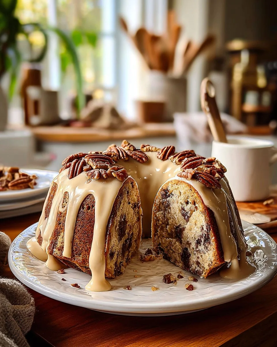 Sliced German chocolate pecan pound cake on a plate with chocolate frosting.