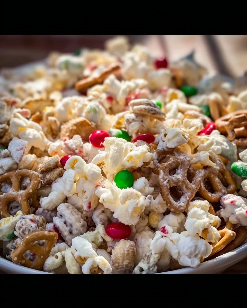 A bowl of Gluten Free Reindeer Chow featuring colorful mix-ins and festive decorations.