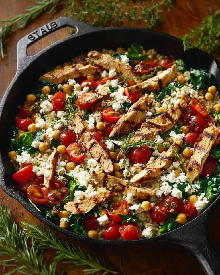Plate of Greek Chicken served with lemon rice garnished with herbs.
