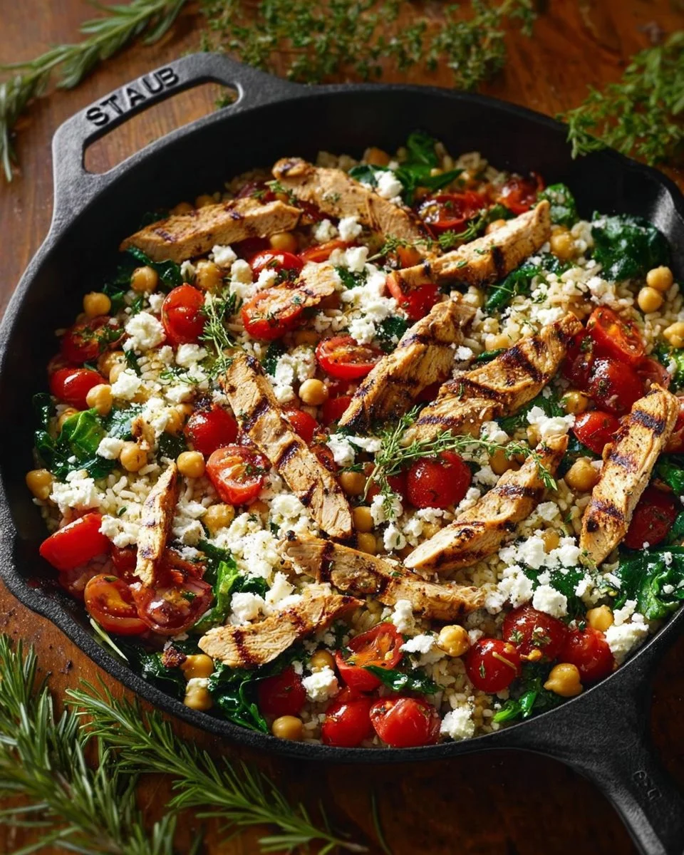Plate of Greek Chicken served with lemon rice garnished with herbs.