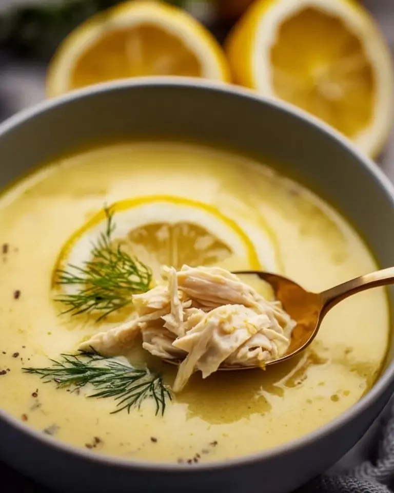 Bowl of delicious Greek Lemon Chicken Soup with lemon slices and fresh herbs