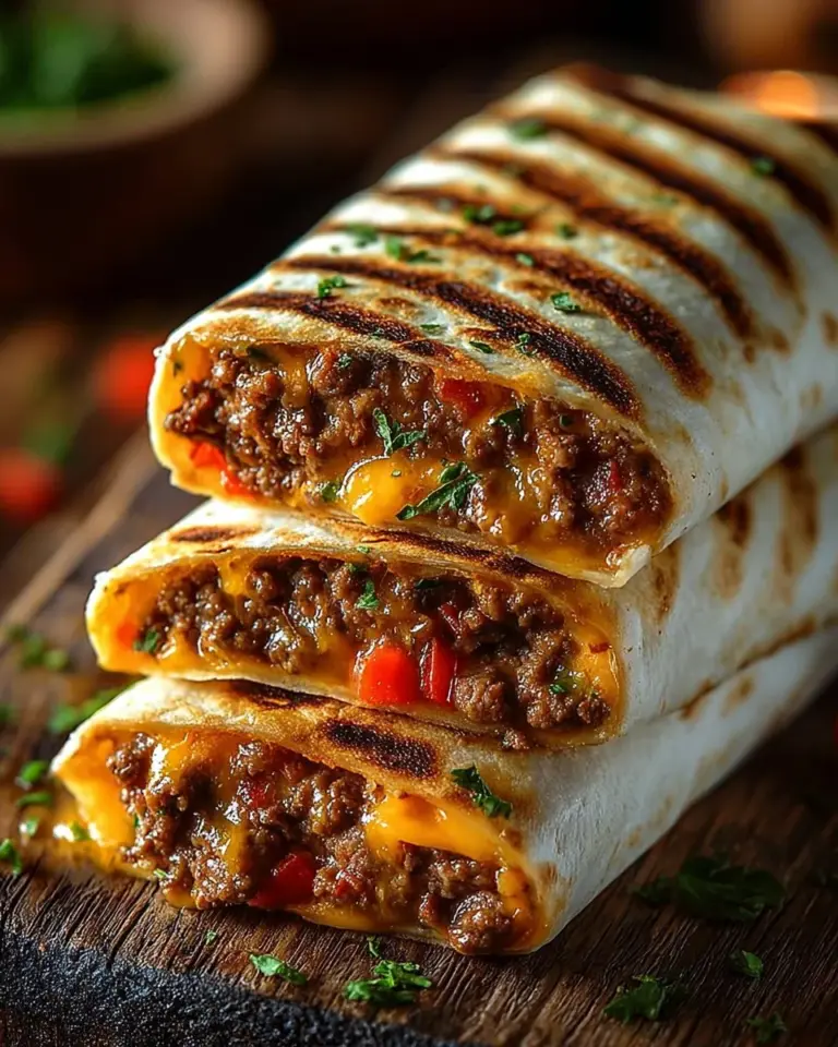 Grilled cheeseburger wraps filled with beef, cheese, and fresh veggies