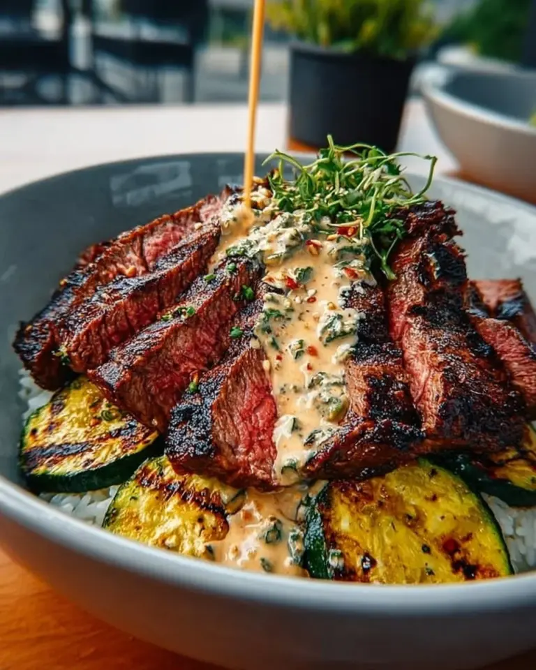 Grilled steak bowl with creamy sauce and grilled zucchini on a plate