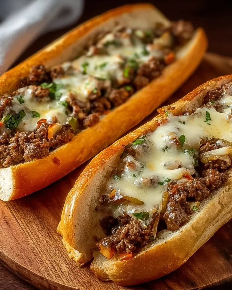 Ground Beef Philly Cheesesteaks with melted cheese and fresh toppings