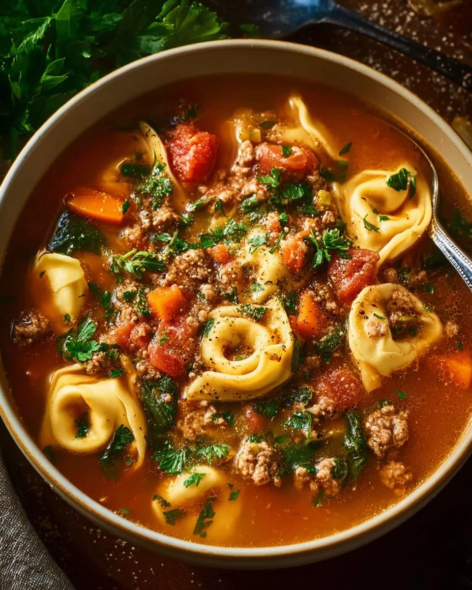Bowl of hearty tortellini soup garnished with herbs and cheese.