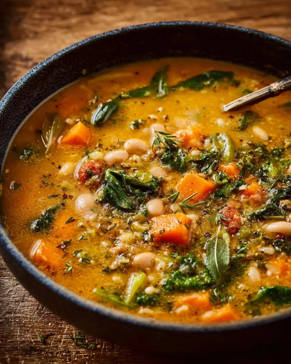 A bowl of hearty Tuscan white bean soup filled with fresh vegetables and herbs.