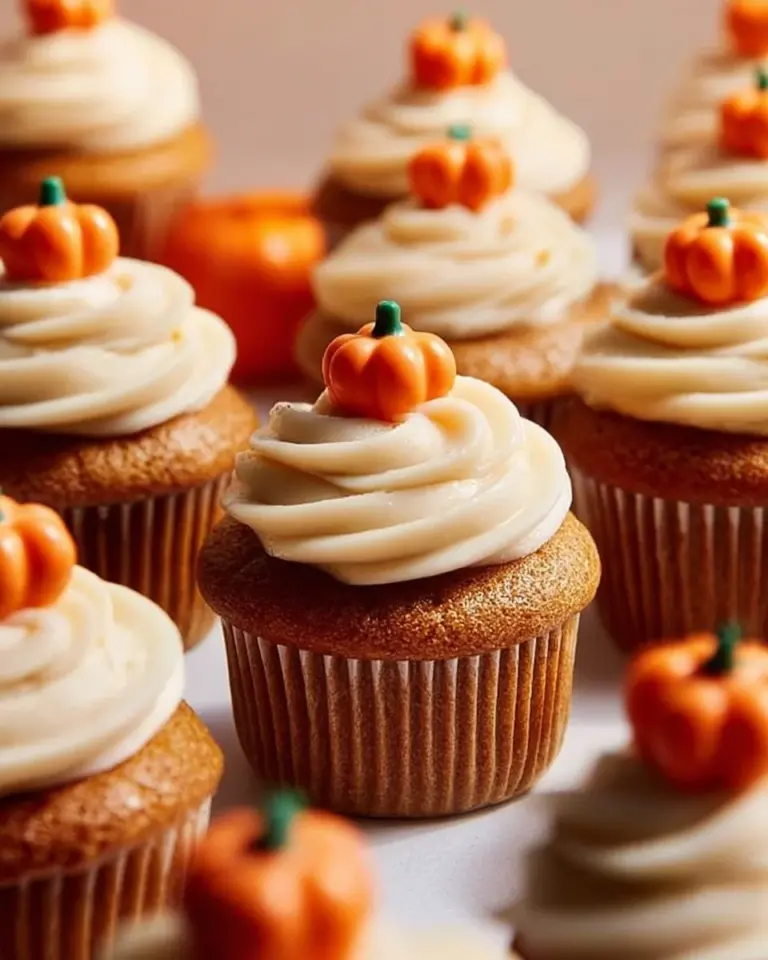 Delicious homemade pumpkin cupcakes topped with cream cheese frosting.