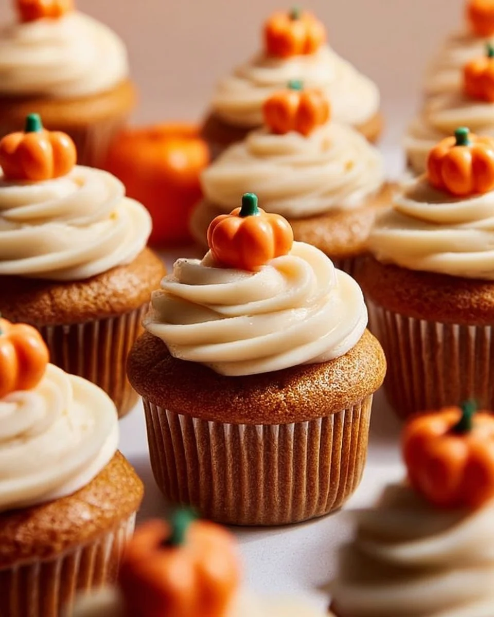 Delicious homemade pumpkin cupcakes topped with cream cheese frosting.