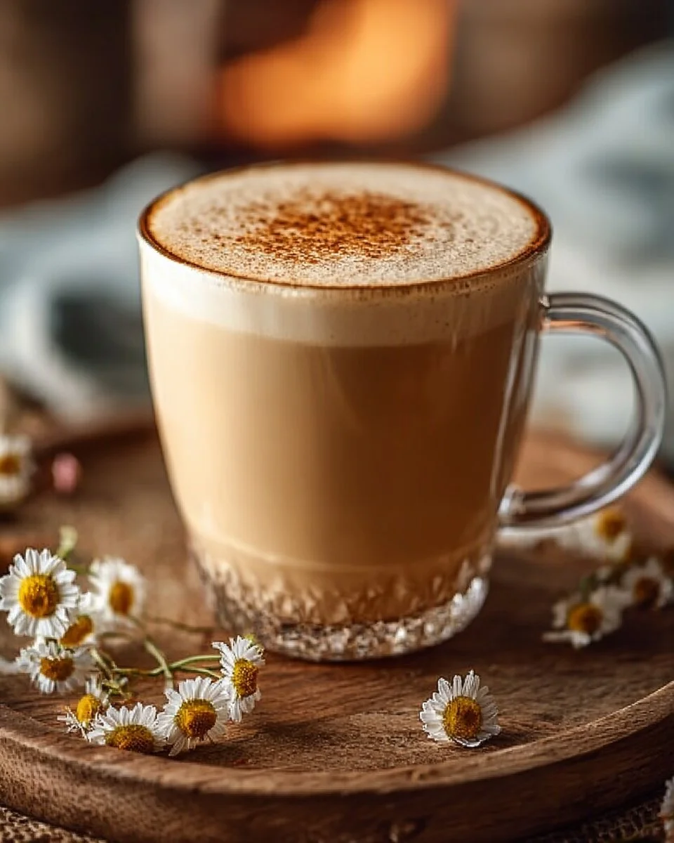 Delicious Honey Chamomile Tea Latte with honey and chamomile flowers