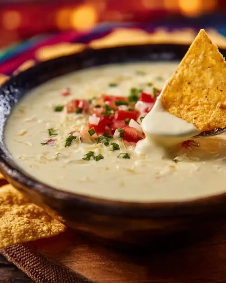 Creamy white cheese queso dip served in a bowl with tortilla chips