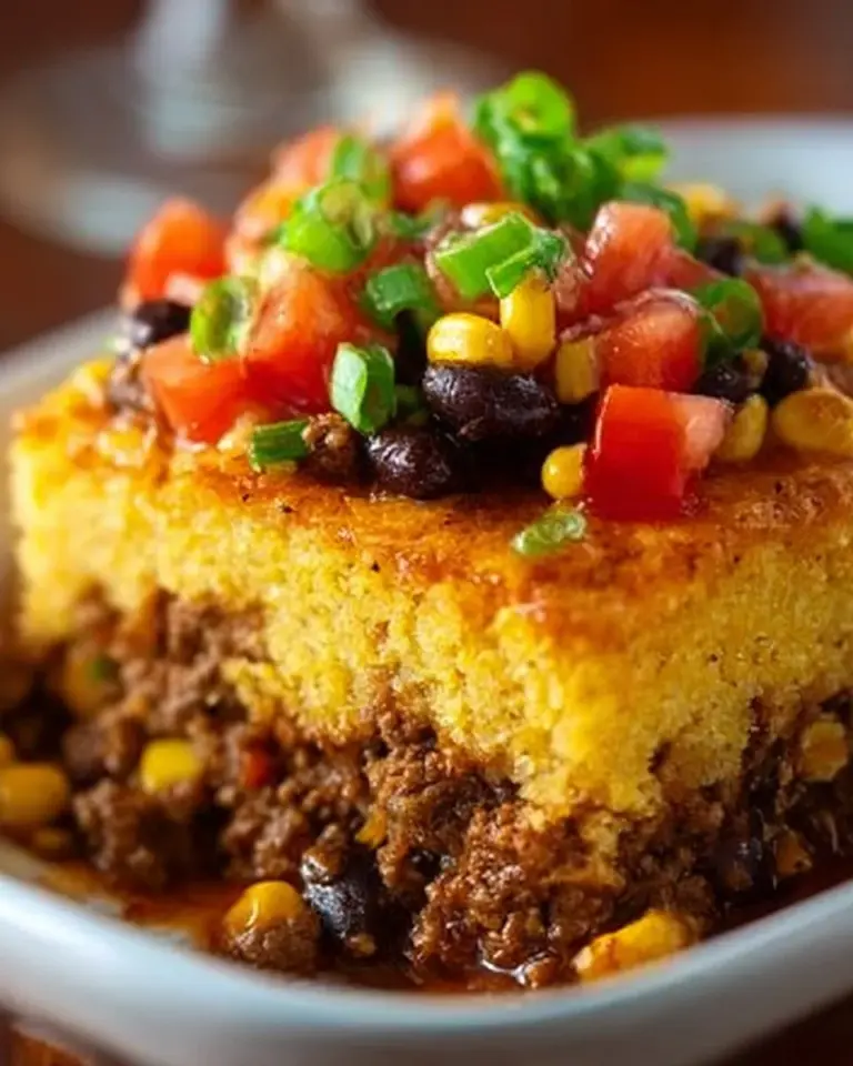 Delicious cowboy cornbread casserole topped with golden cornbread crust.