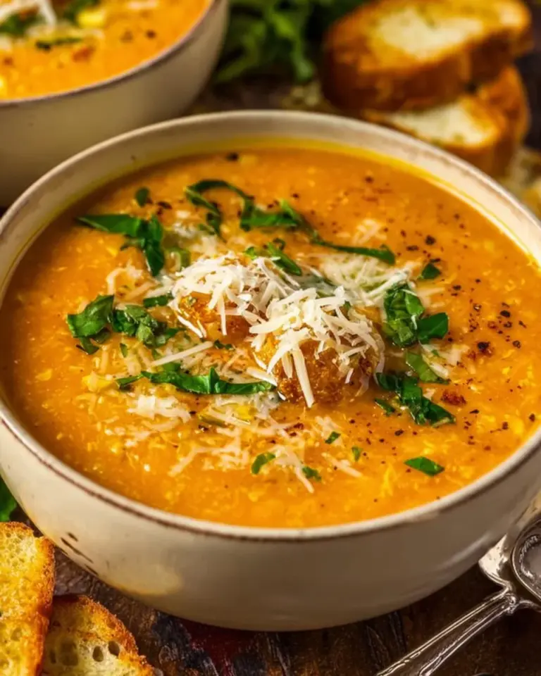A bowl of steaming Italian Penicillin Soup garnished with fresh herbs.