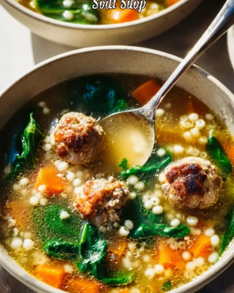 Bowl of delicious Italian Wedding Soup with meatballs and vegetables
