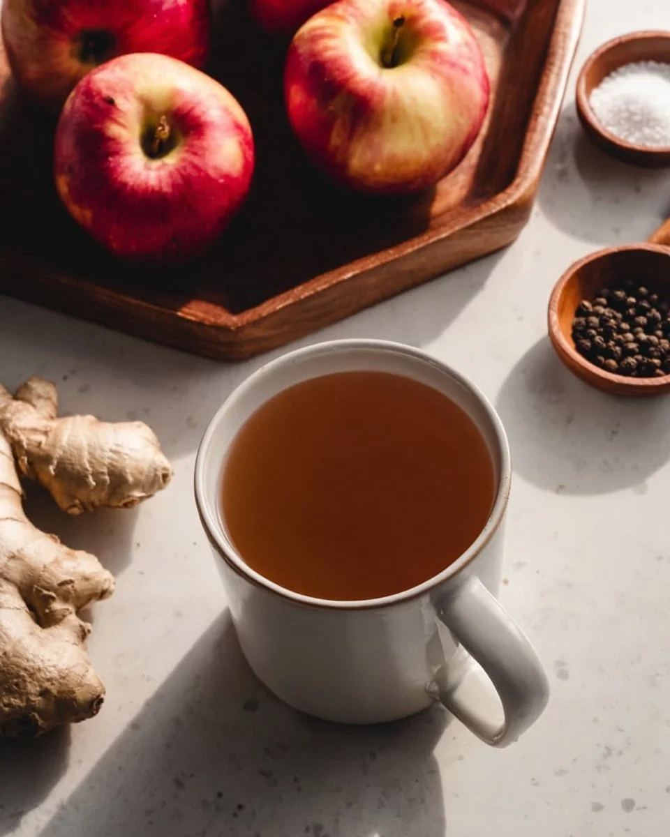 A cup of delicious Korean Apple Tea with apple slices and tea leaves.