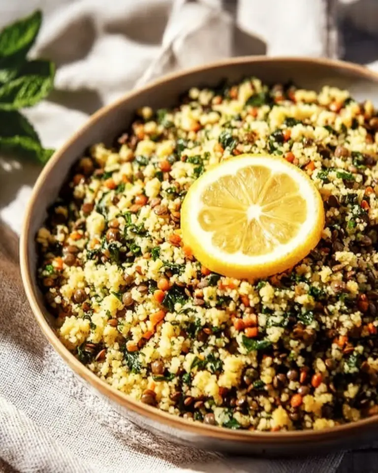 Plate of lemon herb couscous with fresh herbs and lemon zest