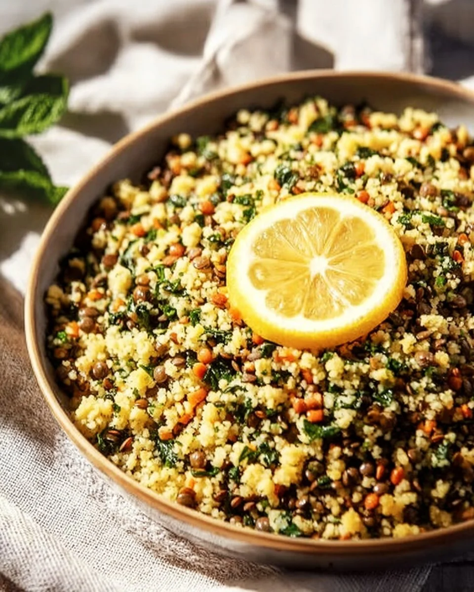 Plate of lemon herb couscous with fresh herbs and lemon zest