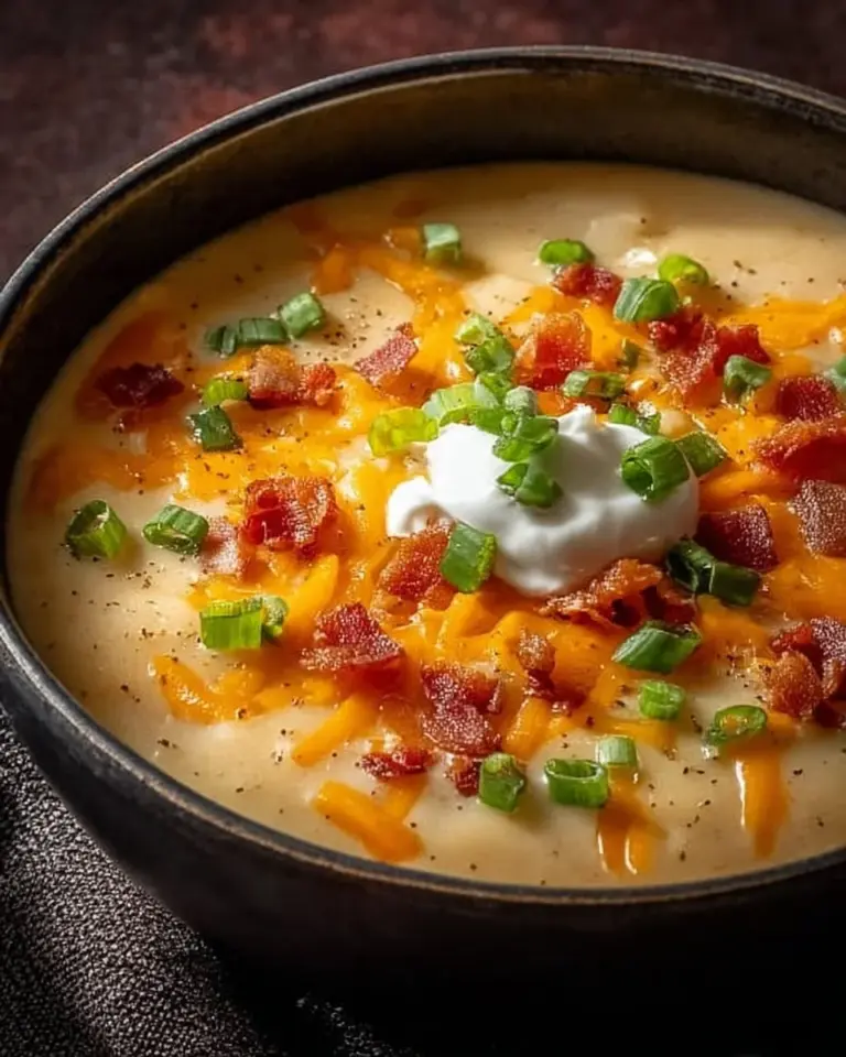 Creamy loaded baked potato soup with toppings like cheese and bacon.