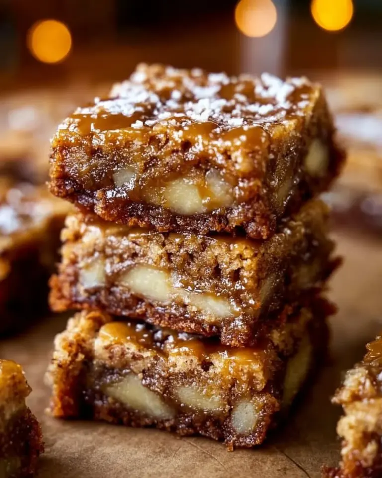 Delicious maple glazed apple blondies served on a plate with a drizzle of glaze