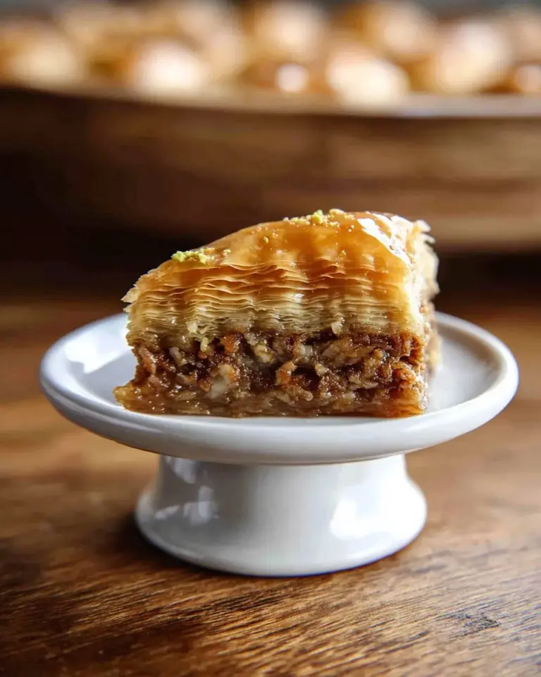 Delicious Maple Pecan Baklava with layers of nuts and syrup on a plate