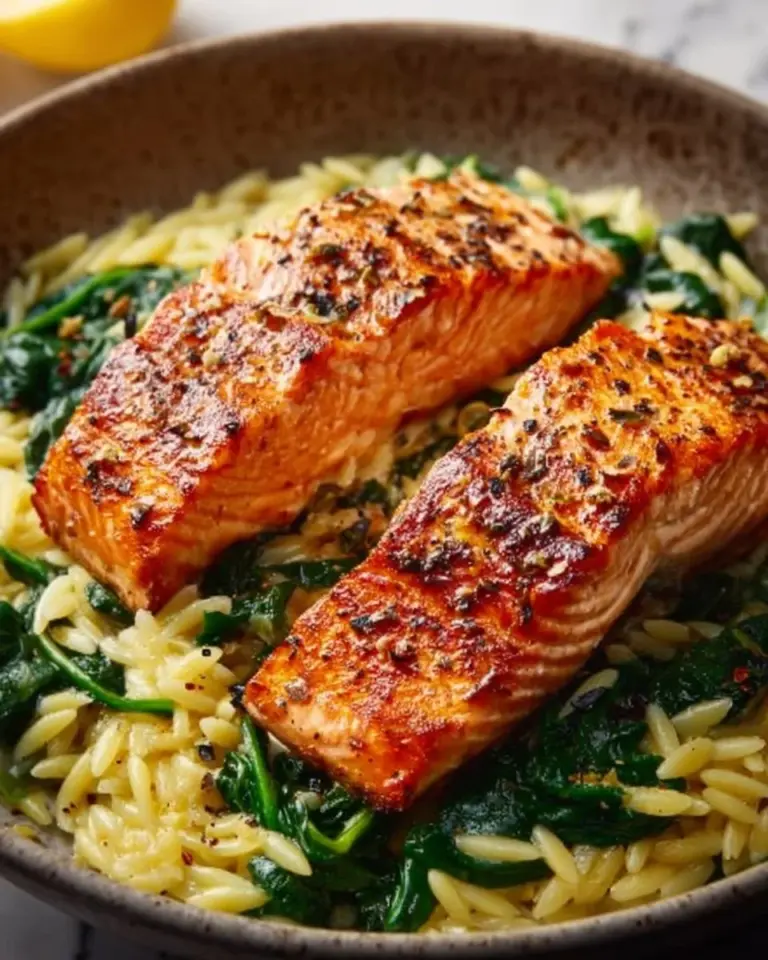 Mediterranean Lemon Salmon served with orzo on a plate.