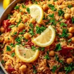 Delicious Mediterranean Rice and Beans served in a bowl with fresh herbs.