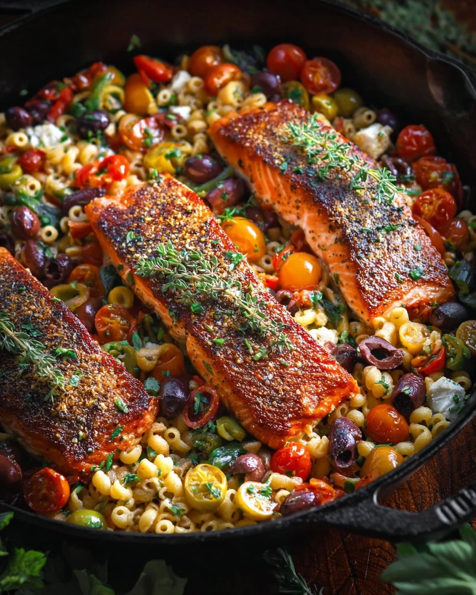 Healthy Mediterranean Salmon dish served with fresh vegetables