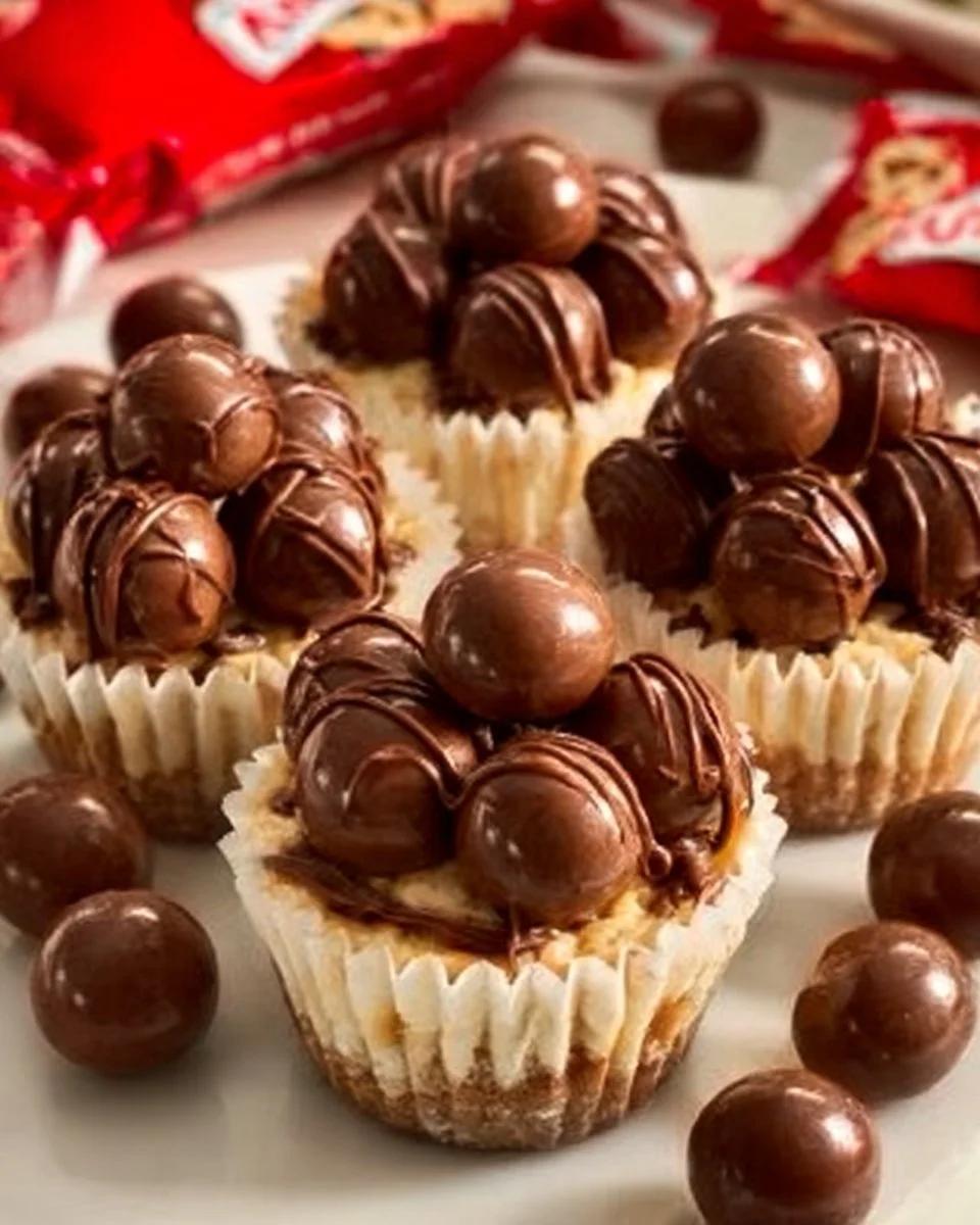 Mini no-bake Malteser cheesecakes topped with chocolate and malt balls
