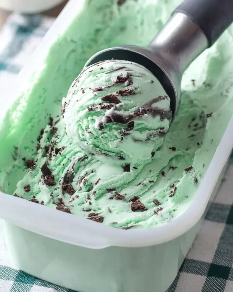 Bowl of homemade mint chocolate chip ice cream with chocolate chips and mint leaves.