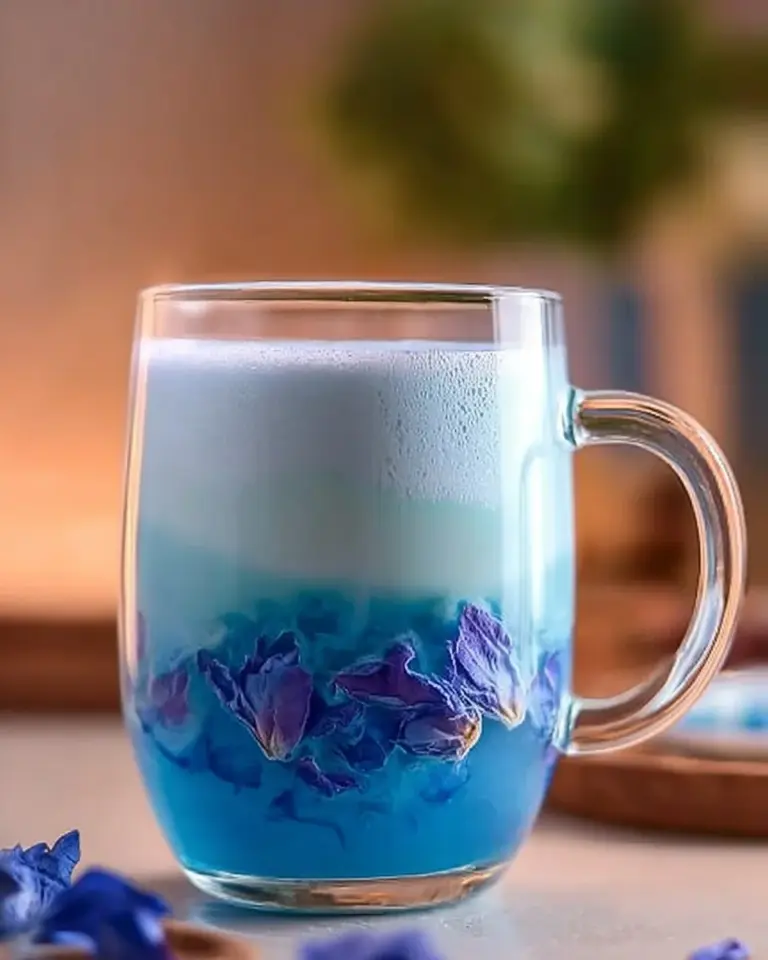 A cup of Moon Milk Tea with vibrant colors and calming herbs