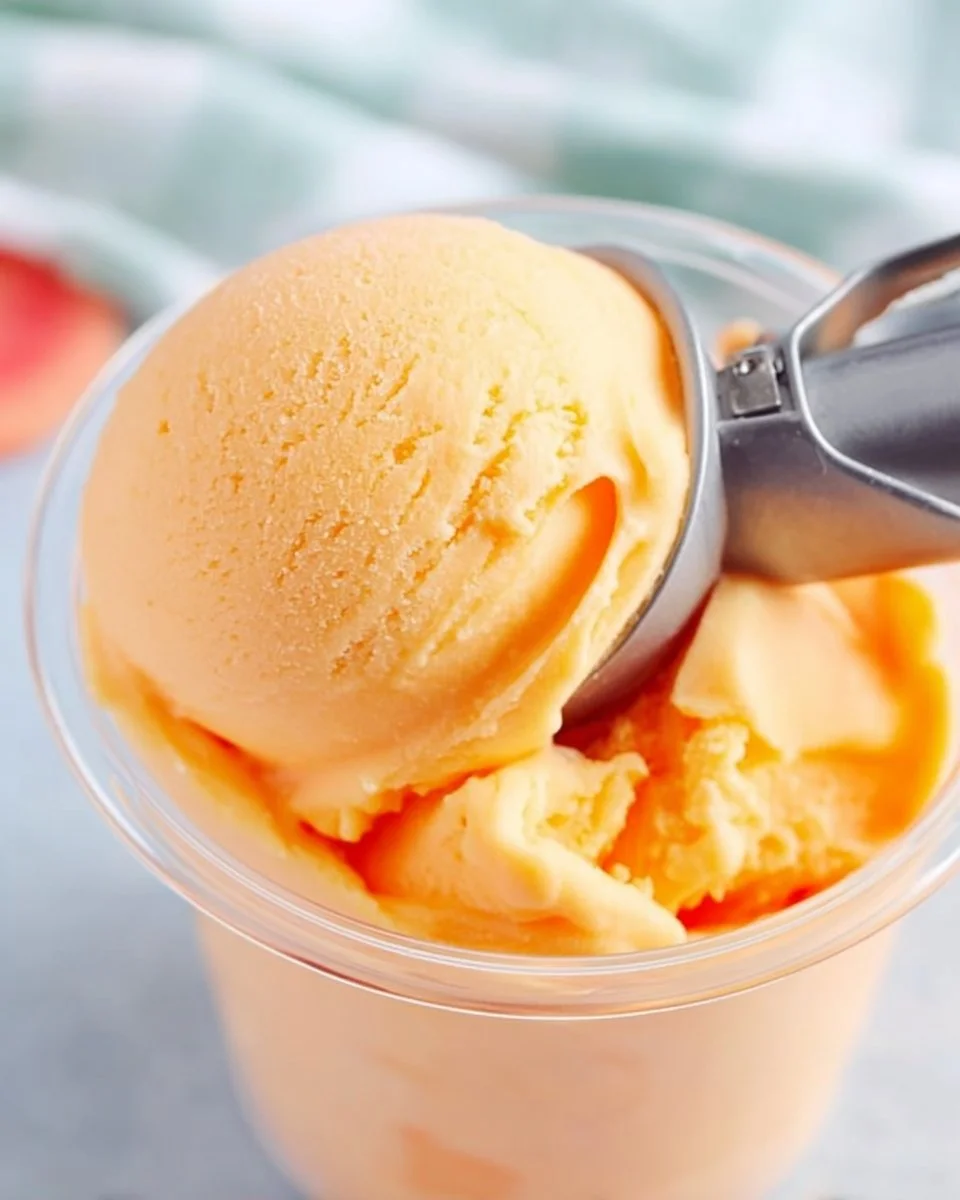 Delicious Ninja Creami peach frozen yogurt topped with fresh peach slices.