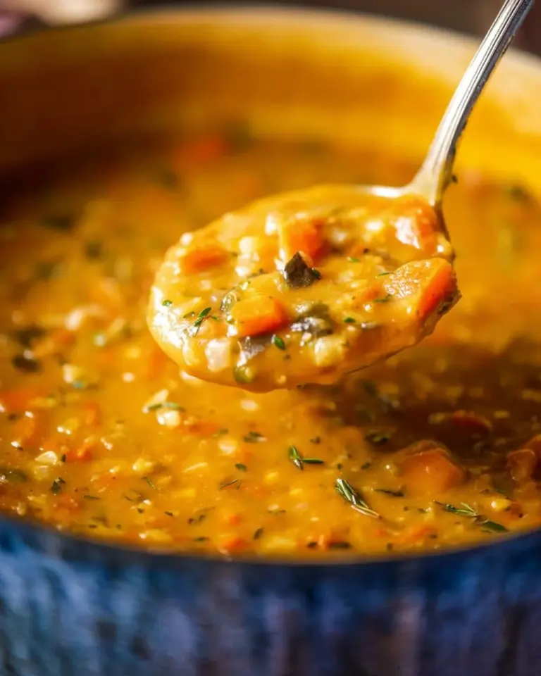 Bowl of nourishing pumpkin wild rice soup garnished with herbs and spices.