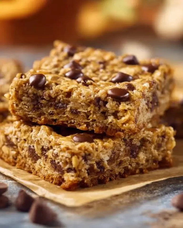 Homemade Oatmeal Chocolate Chip Bars on a rustic wooden table
