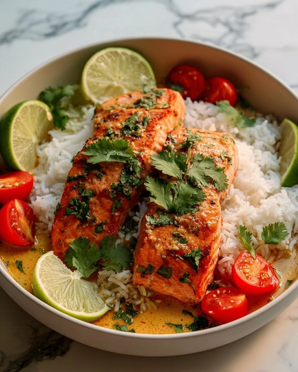 One-pan coconut curry salmon with garlic butter served on a plate