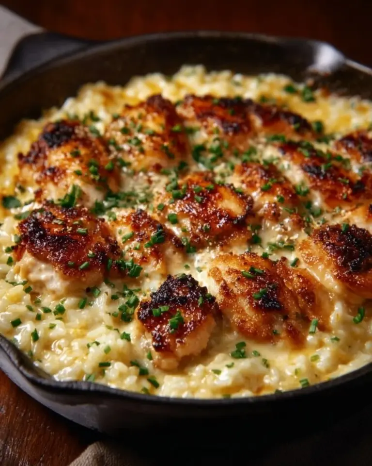 One-Pan Creamy Parmesan Chicken & Rice dish with herbs and spices.
