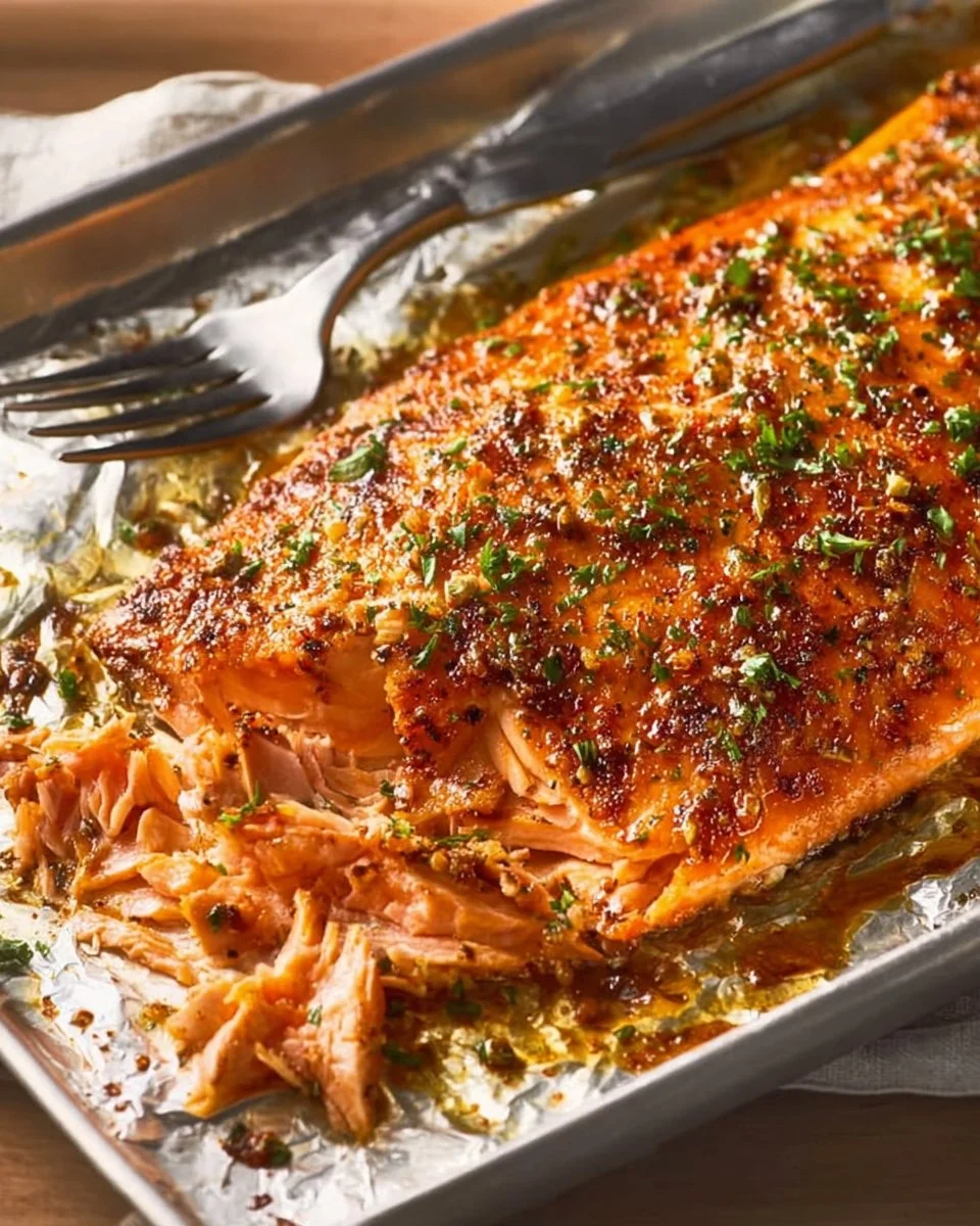 Delicious oven baked salmon fillet with herbs and lemon, served on a plate.