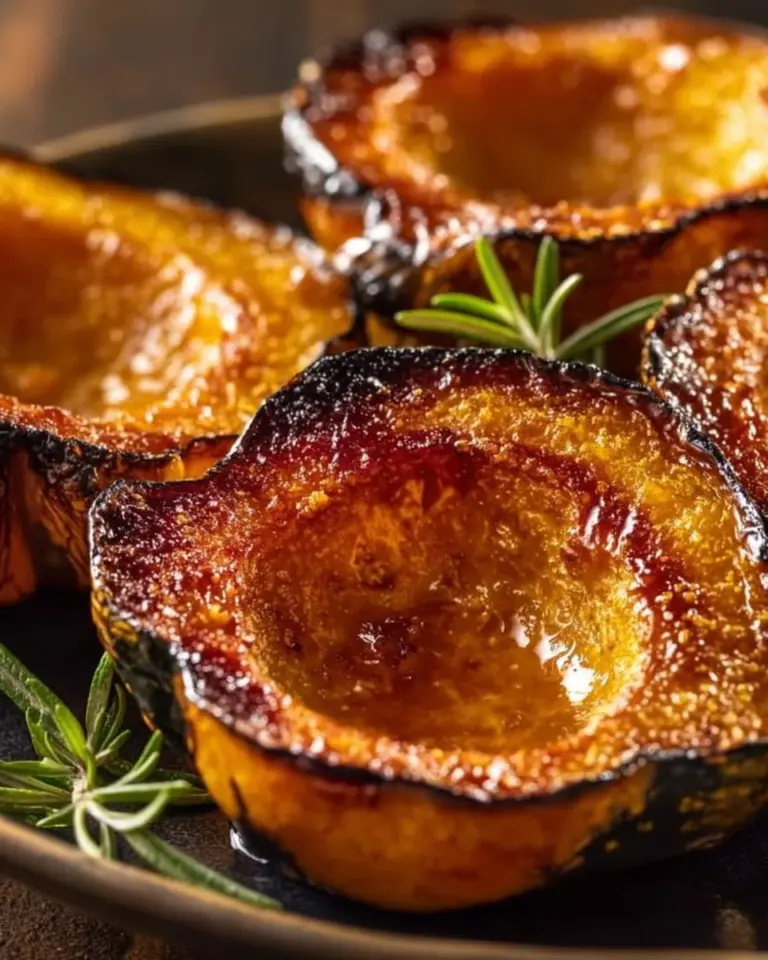 Oven roasted acorn squash served on a plate with herbs and spices
