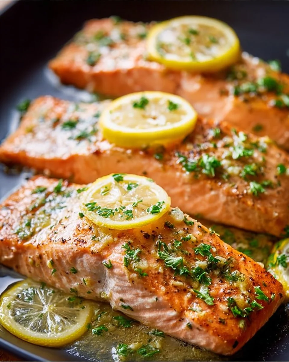 Delicious oven roasted salmon fillet garnished with herbs and lemon