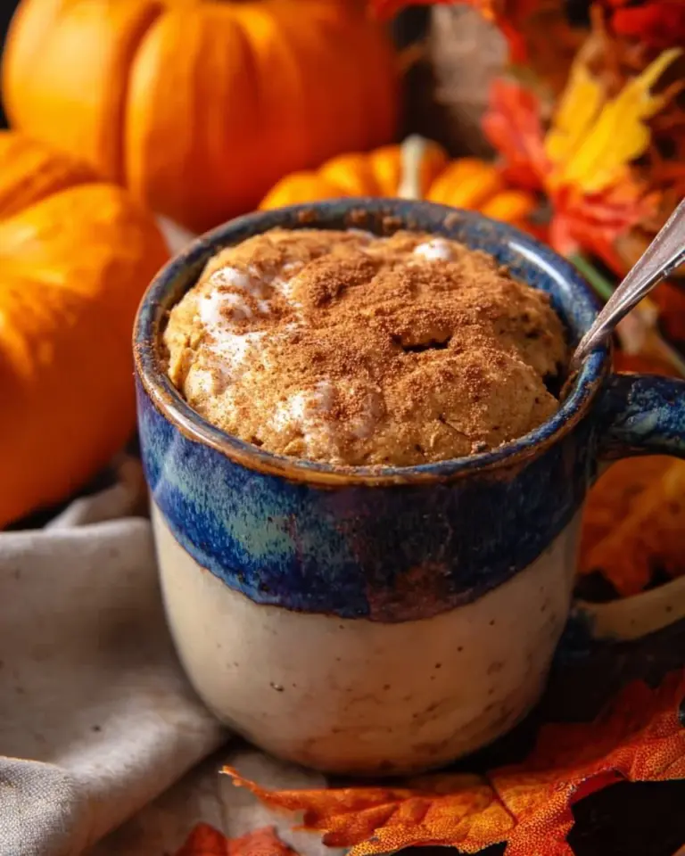 Delicious Paleo Pumpkin Mug Cake topped with spices and pumpkin seeds