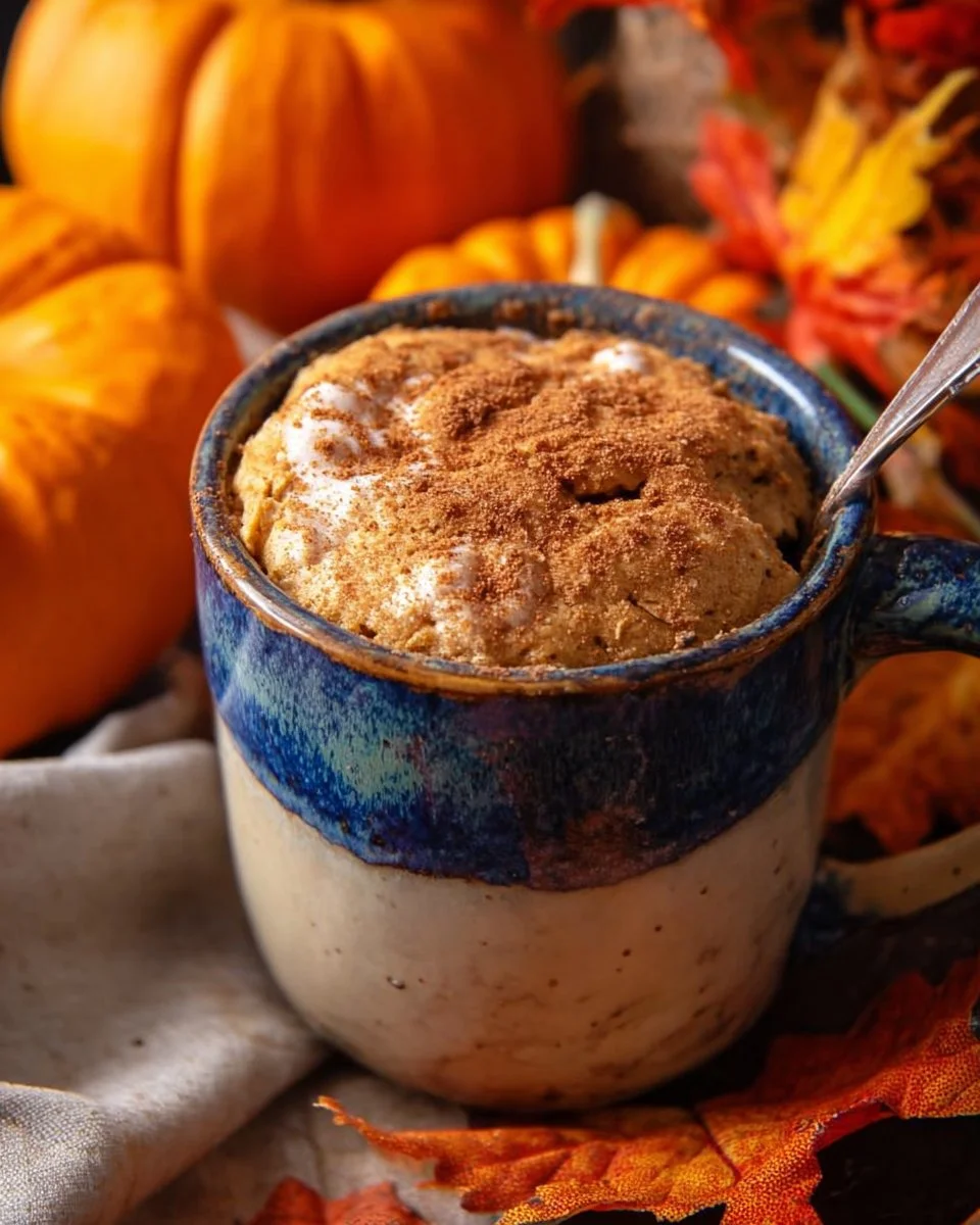 Delicious Paleo Pumpkin Mug Cake topped with spices and pumpkin seeds