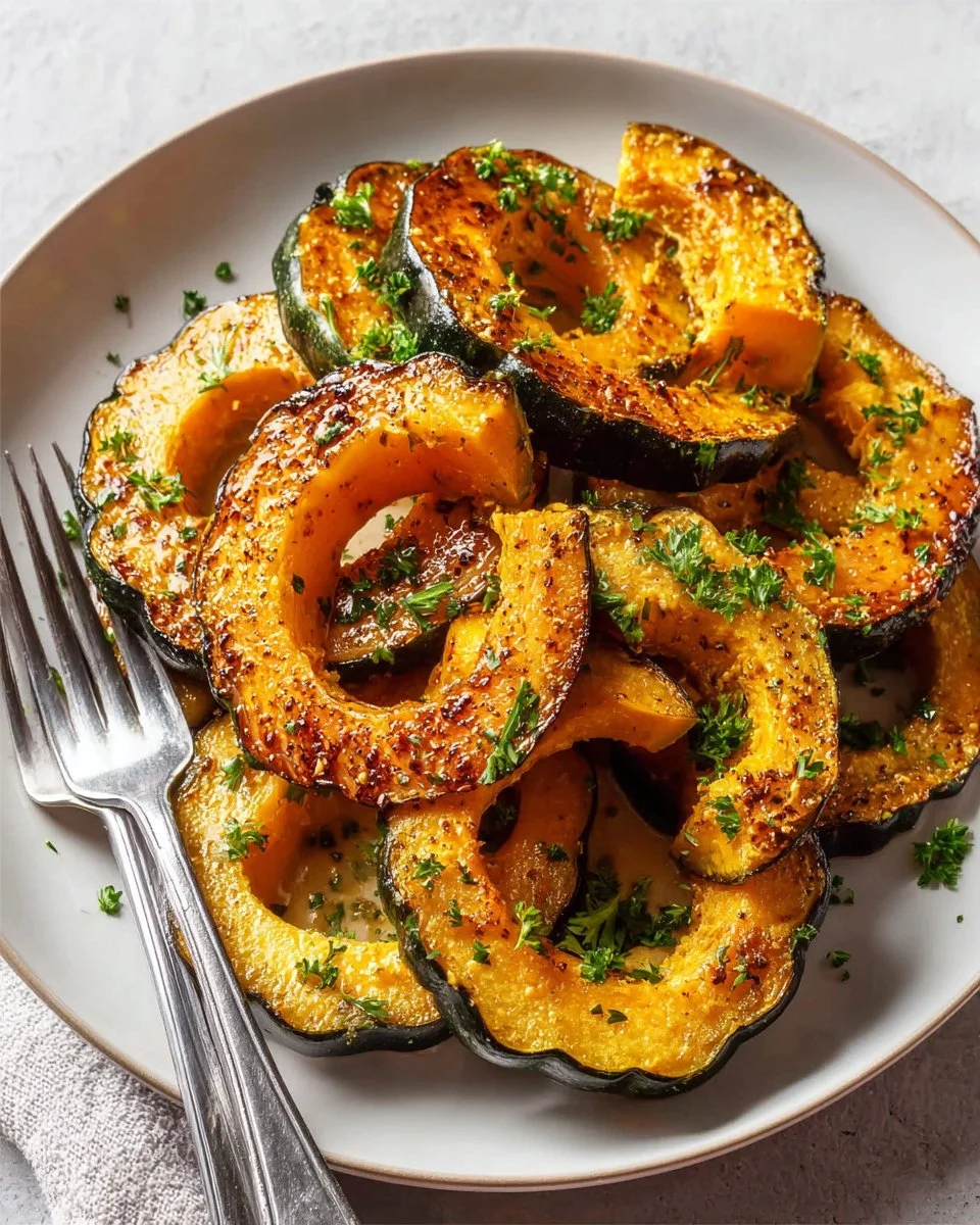 Roasted acorn squash topped with Parmesan and herbs, showcasing vibrant colors and flavors.