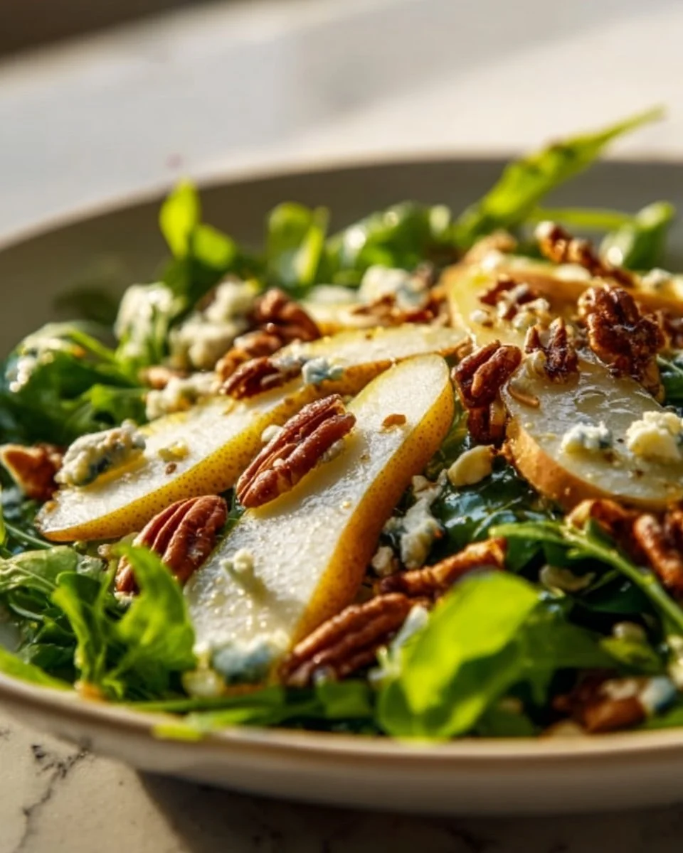 Fresh Pear Arugula Salad with walnuts and cheese