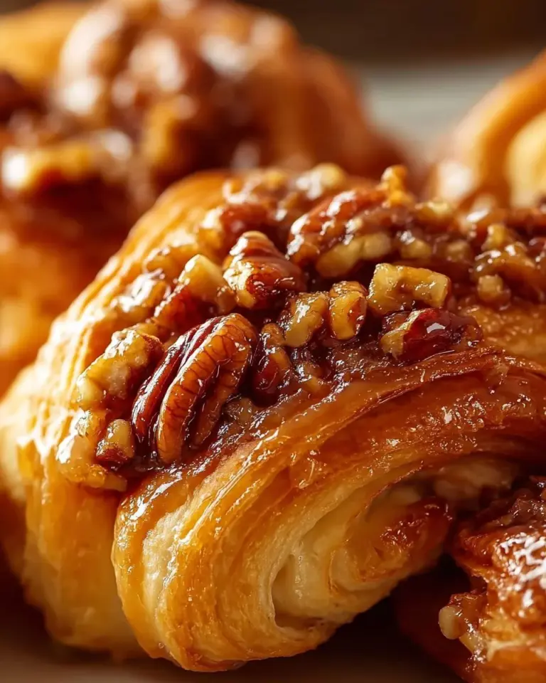Pecan pie crescent rolls baked to golden perfection, drizzled with caramel.