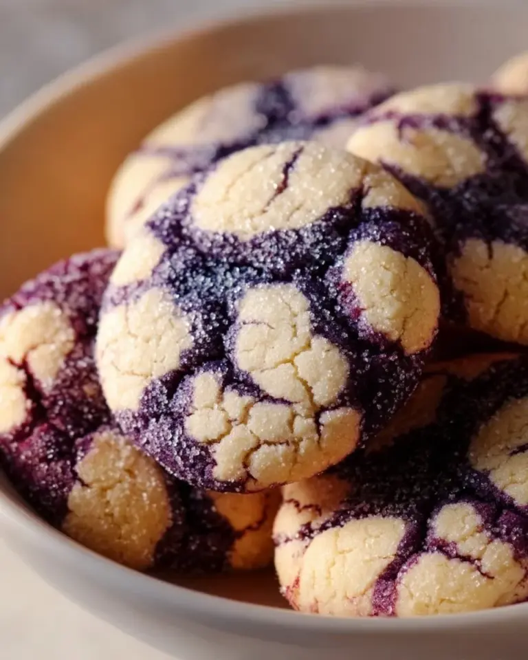 Baked blueberry crinkle cookies with a powdered sugar topping on a cooling rack.