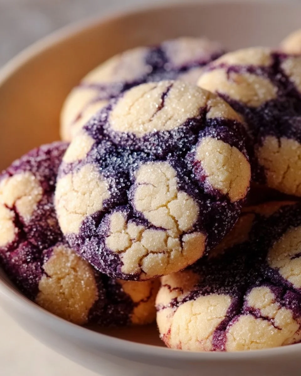 Baked blueberry crinkle cookies with a powdered sugar topping on a cooling rack.