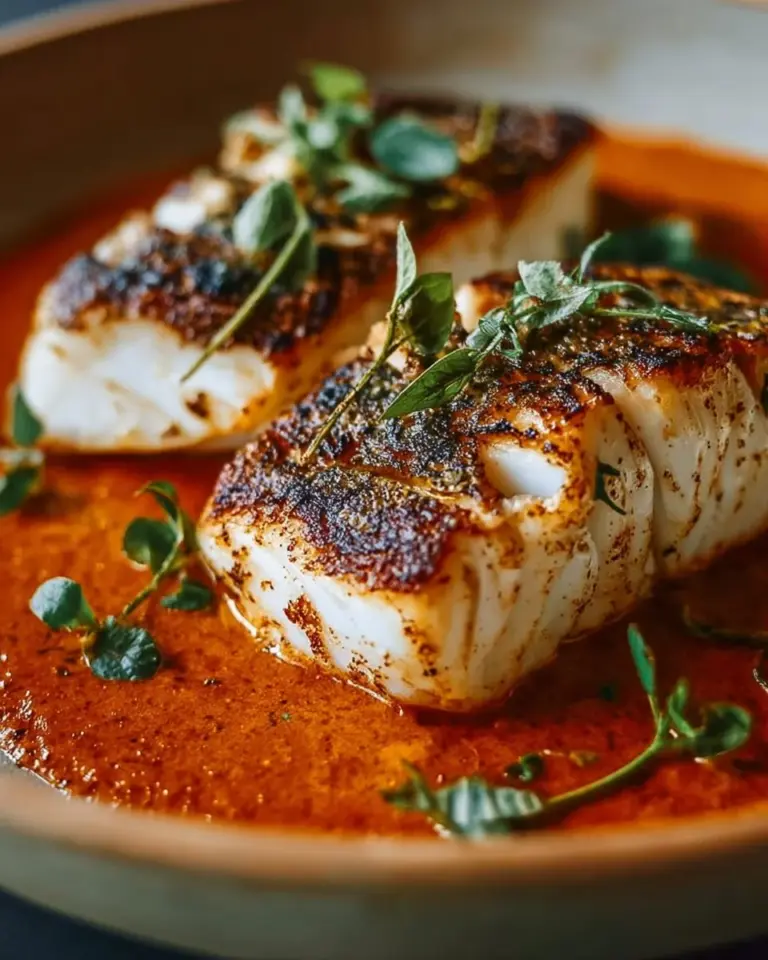Perfectly grilled cod served with vibrant homemade romesco sauce.