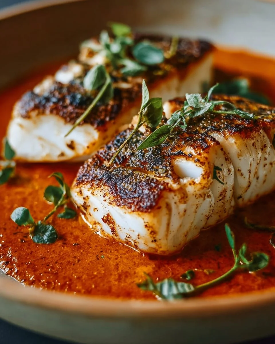 Perfectly grilled cod served with vibrant homemade romesco sauce.