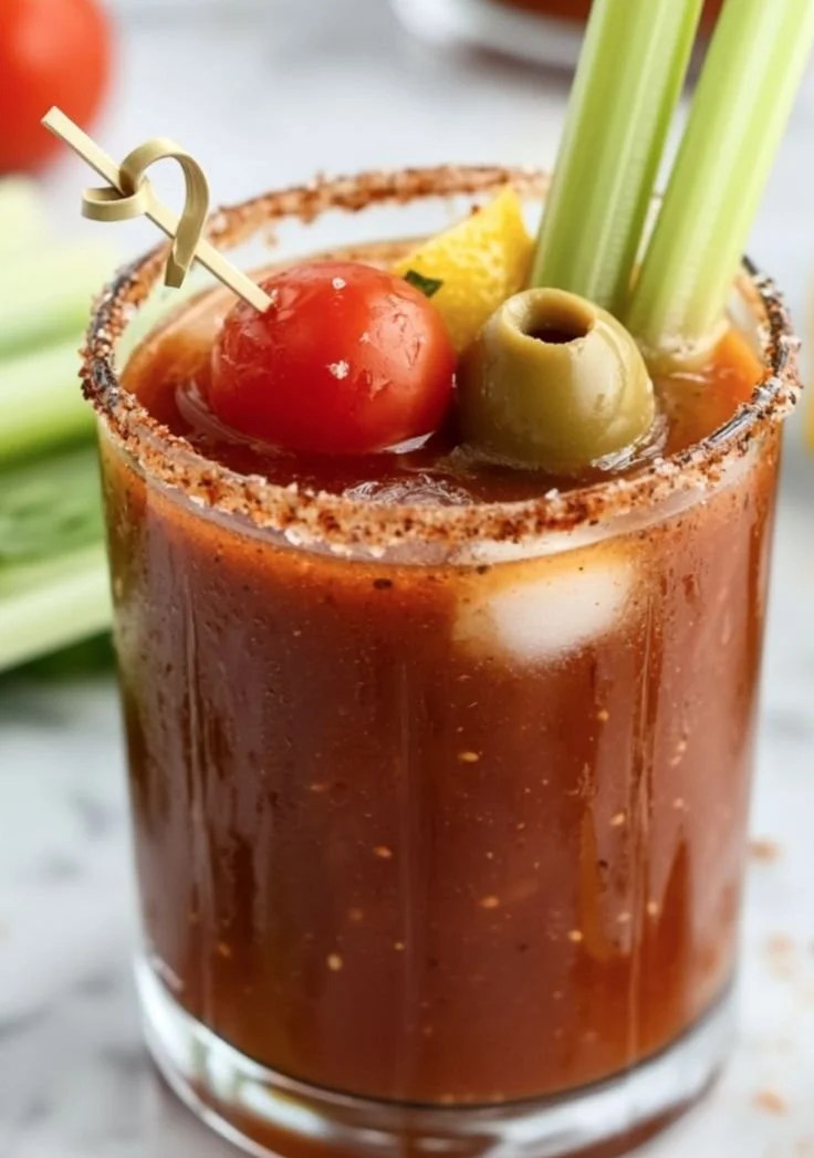 A refreshing Pickle Juice Bloody Mary garnished with pickles and spices