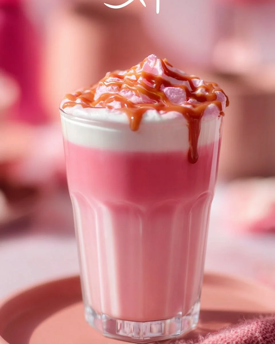 A close-up of a Pink Velvet Macchiato topped with whipped cream and colorful sprinkles.
