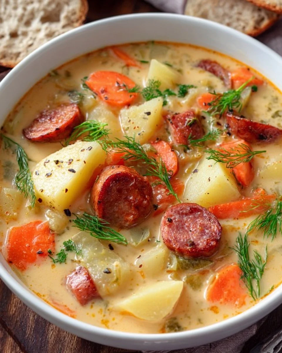 Bowl of Polish Potato Soup (Kartoflanka) topped with herbs