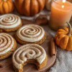 Pumpkin cookies with creamy cinnamon frosting on a white plate